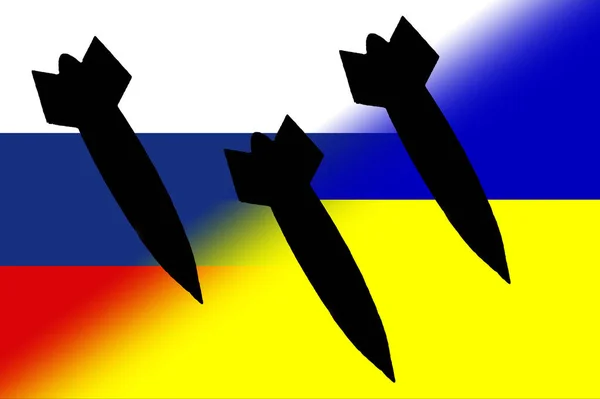 乌克兰俄罗斯 核武器 俄罗斯国旗和乌克兰国旗 带有核武器标志 带有导弹轮廓 俄罗斯和乌克兰国旗图解 摘要设计 — 图库照片
