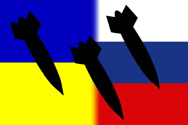 Ukraine Russland Atomwaffen Russische Und Ukrainische Flagge Mit Atomwaffensymbol Und — Stockfoto