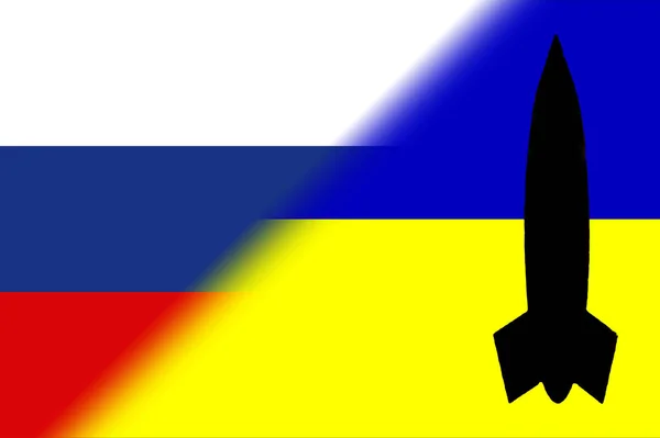 Ukraina Ryssland Kärnvapen Ryssland Flagga Och Ukrainska Flagga Med Kärnvapen — Stockfoto