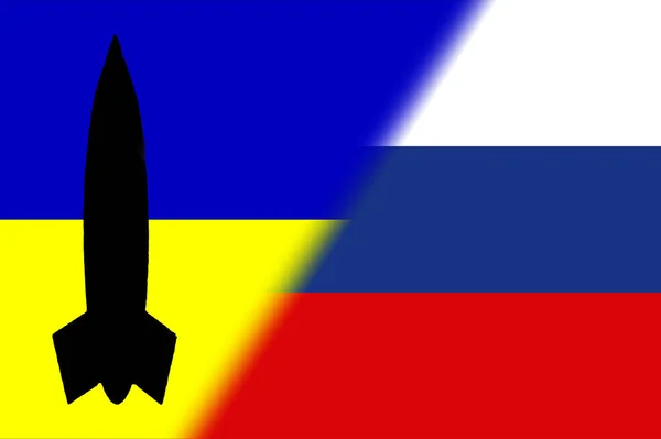 Ukraina Rosja Broń Nuklearna Flaga Rosji Flaga Ukrainy Symbolem Broni — Zdjęcie stockowe