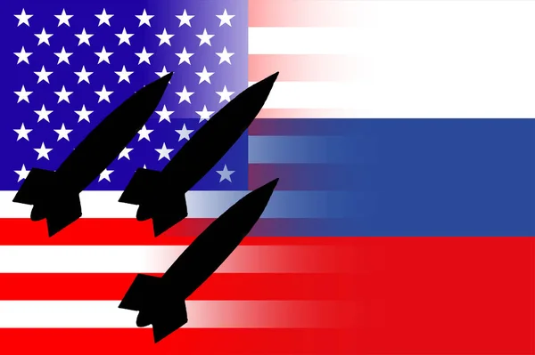 Abd Rusya Nükleer Silahlar Rusya Bayrağı Füze Siluetinde Nükleer Silah — Stok fotoğraf
