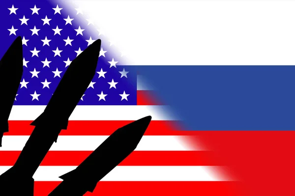 美国和俄罗斯 核武器 俄罗斯国旗和美国国旗上有核武器标识 并配有导弹轮廓 俄罗斯和美国国旗的图解 摘要设计 — 图库照片