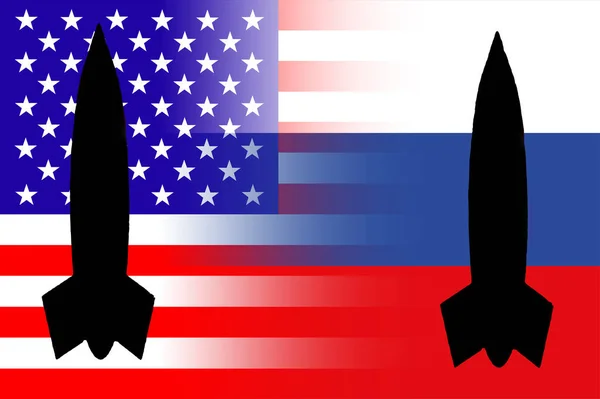 Oroszország Nukleáris Fegyverek Oroszország Zászló Egyesült Államok Zászló Nukleáris Fegyverek — Stock Fotó
