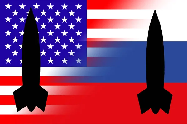アメリカロシア 核兵器だ ロシアの旗と米国はミサイルのシルエットを持つ核兵器のシンボルでフラグを立てます ロシアとアメリカの国旗のイラスト 抽象的なデザイン イラスト — ストック写真