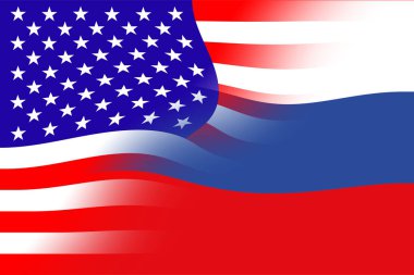 Amerika Birleşik Devletleri (ABD) ve Rusya. Amerikan bayrağı ve Rusya bayrağı. Ülkelerin savaşı, siyasi ve ekonomik ilişkiler kavramı. Yatay tasarım. Soyut tasarım. Görüntü.