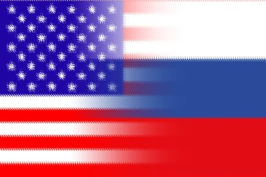 Amerika Birleşik Devletleri (ABD) ve Rusya. Amerikan bayrağı ve Rusya bayrağı. Ülkelerin savaşı, siyasi ve ekonomik ilişkiler kavramı. Yatay tasarım. Soyut tasarım. Görüntü.