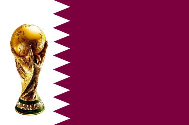 Katar 2022. FIFA Dünya Kupası 2022. Katar 2022 'deki dünya şampiyonası teması üzerine pankart. Katar 'ın arkaplan bayrağı.