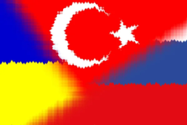 乌克兰 俄罗斯和土耳其 土耳其 俄罗斯和乌克兰的国旗 国家联盟 政治和经济关系的概念 横向设计 摘要设计 3D插图 — 图库照片