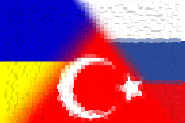 乌克兰 俄罗斯和土耳其 土耳其 俄罗斯和乌克兰的国旗 国家联盟 政治和经济关系的概念 横向设计 摘要设计 3D插图 — 图库照片