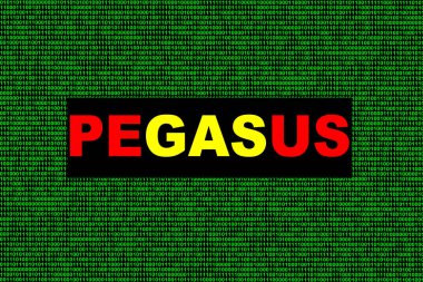 Pegasus. Bilgisayar korsanı. Bilgisayarları ve cep telefonlarını her yerden hackleyen bir bilgisayar sistemi. 0 ve 1 numaralı ikili sistem ile İspanya bayrağı ile tasarlandı. Yatay illüstrasyon.