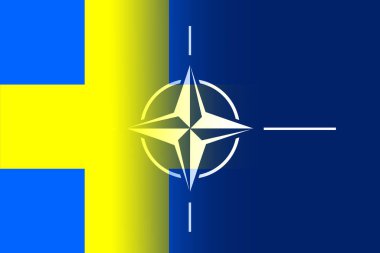 NATO-OTAN. Sweden. NATO flag. Swedish flag. Flag with the NATO logo. Concept of annexation of Sweden with NATO-OTAN. Foreground. Horizontal layout. Horizontal illustration.