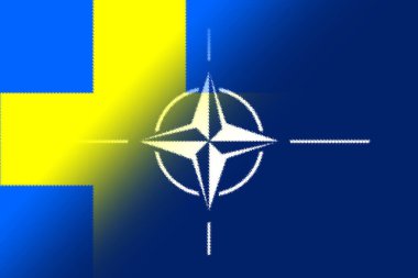 NATO-OTAN. Sweden. NATO flag. Swedish flag. Flag with the NATO logo. Concept of annexation of Sweden with NATO-OTAN. Foreground. Horizontal layout. Horizontal illustration. 3D Illustration. Abstract.
