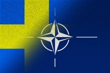 NATO-OTAN. Sweden. NATO flag. Swedish flag. Flag with the NATO logo. Concept of annexation of Sweden with NATO-OTAN. Foreground. Horizontal layout. Horizontal illustration. 3D Illustration. Abstract.
