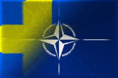 NATO-OTAN. Sweden. NATO flag. Swedish flag. Flag with the NATO logo. Concept of annexation of Sweden with NATO-OTAN. Foreground. Horizontal layout. Horizontal illustration. 3D Illustration. Abstract.