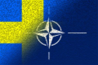 NATO-OTAN. Sweden. NATO flag. Swedish flag. Flag with the NATO logo. Concept of annexation of Sweden with NATO-OTAN. Foreground. Horizontal layout. Horizontal illustration. 3D Illustration. Abstract.