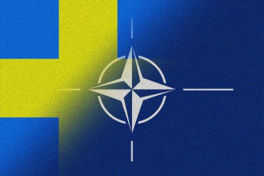 NATO-OTAN. Sweden. NATO flag. Swedish flag. Flag with the NATO logo. Concept of annexation of Sweden with NATO-OTAN. Foreground. Horizontal layout. Horizontal illustration. 3D Illustration. Abstract.