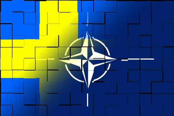 NATO-OTAN. Sweden. NATO flag. Swedish flag. Flag with the NATO logo. Concept of annexation of Sweden with NATO-OTAN. Foreground. Horizontal layout. Horizontal illustration. 3D Illustration. Abstract.
