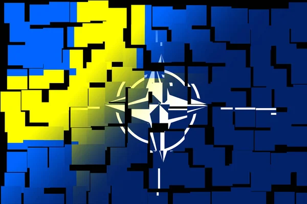 NATO-OTAN. Sweden. NATO flag. Swedish flag. Flag with the NATO logo. Concept of annexation of Sweden with NATO-OTAN. Foreground. Horizontal layout. Horizontal illustration. 3D Illustration. Abstract.