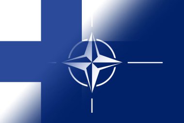 NATO-OTAN. Finland. NATO flag. Finland flag. Flag with the NATO logo. Concept of annexation of Finland with NATO-OTAN. Foreground. Horizontal layout. Horizontal illustration.