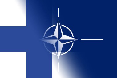 NATO-OTAN. Finland. NATO flag. Finland flag. Flag with the NATO logo. Concept of annexation of Finland with NATO-OTAN. Foreground. Horizontal layout. Horizontal illustration.
