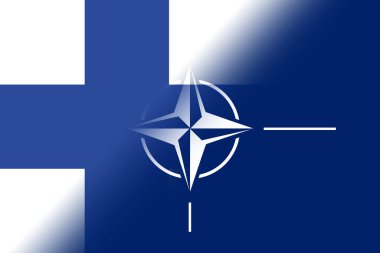 NATO-OTAN. Finland. NATO flag. Finland flag. Flag with the NATO logo. Concept of annexation of Finland with NATO-OTAN. Foreground. Horizontal layout. Horizontal illustration.