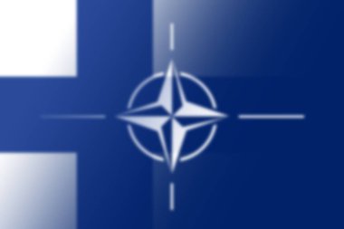 NATO-OTAN. Finland. NATO flag. Finland flag. Flag with the NATO logo. Concept of annexation of Finland with NATO-OTAN. Foreground. Horizontal layout. Horizontal illustration. 3D Illustration.