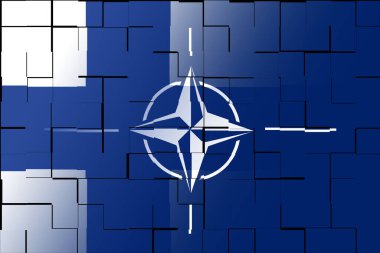 NATO-OTAN. Finland. NATO flag. Finland flag. Flag with the NATO logo. Concept of annexation of Finland with NATO-OTAN. Foreground. Horizontal layout. Horizontal illustration. 3D Illustration.
