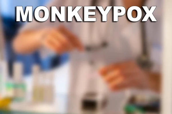 Monkeypox Nurse Medical Text Written Unfocused Background Nurse Injection Give — стокове фото