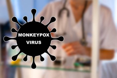 Monkeypox. Nurse. Medical. Text written on an unfocused background and virus design of a nurse with an injection to give a vaccine. Virus disease concept. Horizontal photography and design. Smallpox. clipart