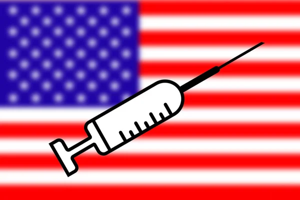 ワクチン 背景に米国の国旗が付いたワクチンの設計 水平デザイン 天然痘だ 天然痘だ コロナウイルス コヴィド 異なるウイルスや感染症のワクチン — ストック写真