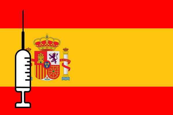 Εμβόλιο Σχεδιασμός Εμβολίου Φιαλίδιο Του Σημαία Της Ισπανίας Στο Παρασκήνιο — Φωτογραφία Αρχείου