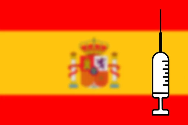 Oltás Oltóanyag Tervezése Háttérben Spanyol Zászlóval Ellátott Injekciós Üveggel Vízszintes — Stock Fotó