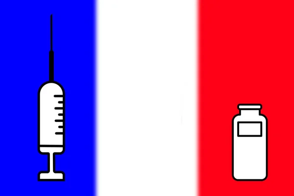 Aşı Arkasında Fransa Bayrağı Olan Bir Aşı Şişesi Tasarımı Yatay — Stok fotoğraf