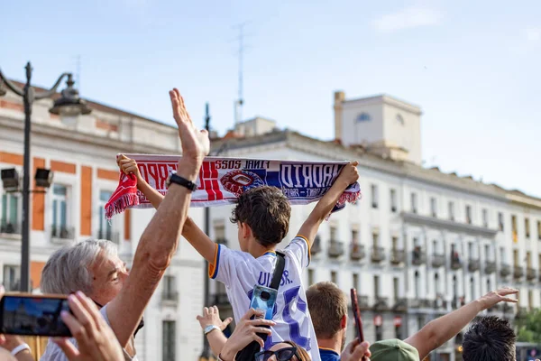 Real Madrid Celebration Puerta Del Sol Building Madrid Square Full — Stock Photo, Image