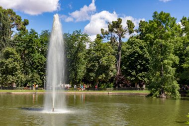 Yazı tipi. Madrid parkındaki bir gölette çeşme, İspanya 'da açık bir günde arka planda uzun yeşil ağaçlar. Avrupa. Yatay fotoğrafçılık.