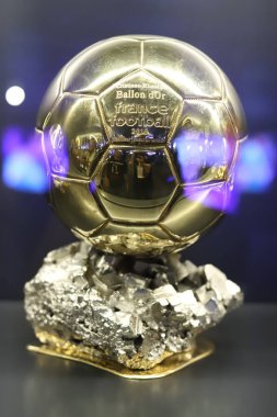 Ballon d'Or. Golden Ball. Award for the best soccer player during a season. Prize. Paris. FRANCE. 30 OCTOBER 2023. UEFA. Best. Player. Soccer. World. Ballon. Trophy. Aitana Bonmat. Lionel Messi. Win.