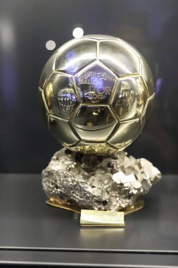 Ballon d'Or. Golden Ball. Award for the best soccer player during a season. Prize. Paris. FRANCE. 30 OCTOBER 2023. UEFA. Best. Player. Soccer. World. Ballon. Trophy. Aitana Bonmat. Lionel Messi. Win.