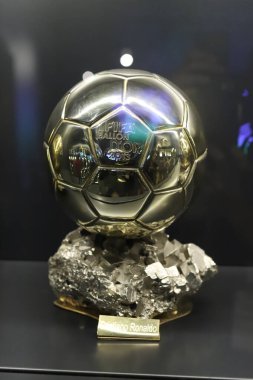 Ballon d'Or. Golden Ball. Award for the best soccer player during a season. Prize. Paris. FRANCE. 30 OCTOBER 2023. UEFA. Best. Player. Soccer. World. Ballon. Trophy. Aitana Bonmat. Lionel Messi. Win.