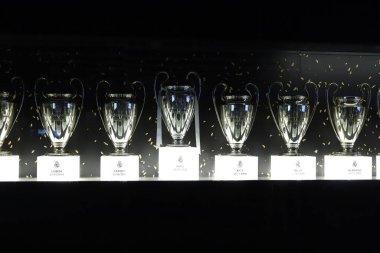 Champions. Champions League. Soccer Champions Cup. European soccer league cup. Trophy placed in a display case with confetti. Photography.