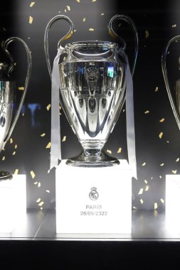 Champions. Champions League. Soccer Champions Cup. European soccer league cup. Trophy placed in a display case with confetti. Photography.