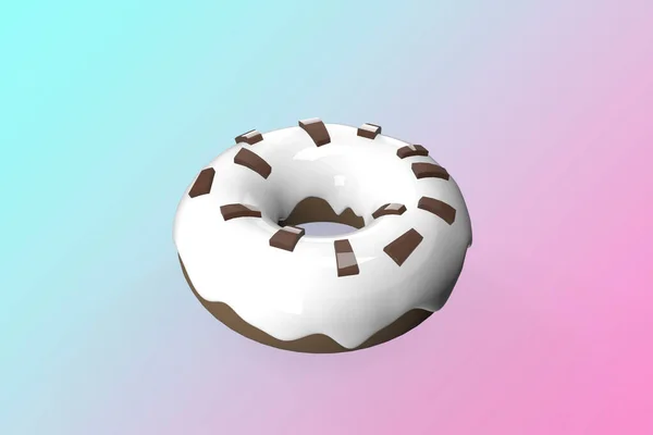Donut. 3D design of a donut. Colorful gradient background. Fresh sweet donuts in motion with multicolored fruit glaze and decorated sprinkles. Fast sweet food concept. Ad design.