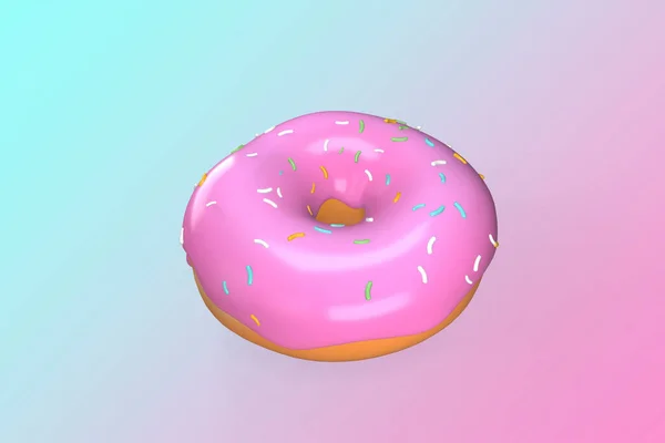 Donut. 3D design of a donut. Colorful gradient background. Fresh sweet donuts in motion with multicolored fruit glaze and decorated sprinkles. Fast sweet food concept. Ad design.