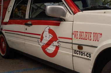 Llucmajor, Spain; october 03 2021: Recreation of the Ghosbusters movie car on display in the street. Second edition of the Frikijor fair in the Majorcan town of Llucmajor clipart