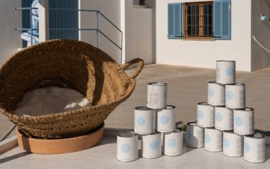 Colonia de Sant Jordi, Spain; october 11 2021: Display with products from the artisanal salt factory Flor de Sal Des Trenc, a sunny afternoon. Located in the island of Mallorca, Spain clipart