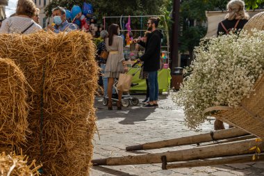 Bir sepet içinde, bitkinin beyaz çiçeklerinin yakın plan çekiminde Gypthe Paniculata. Arka planda bir sokak pazarı var.