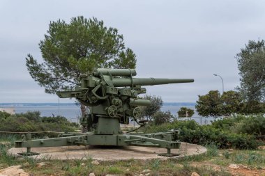 San Carlos, Palma de Mallorca, İspanya 'daki askeri müzenin bahçesinde antika uçaksavar topları sergileniyor.