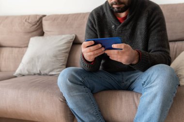 Brown caucasian man with a beard, sitting on a sofa while interacting with his blue smart phone