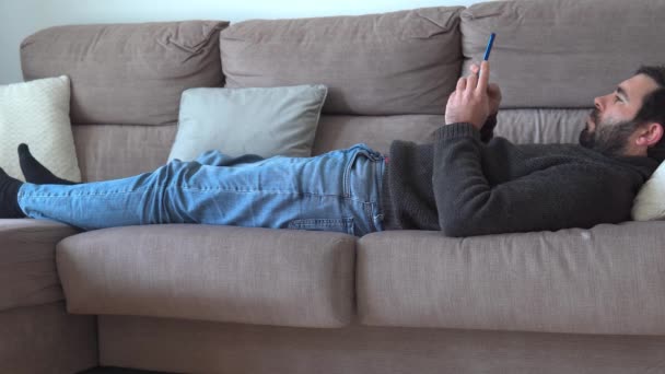 Brown Caucasian Man Beard Lying Sofa While Interacting His Blue — Stok Video