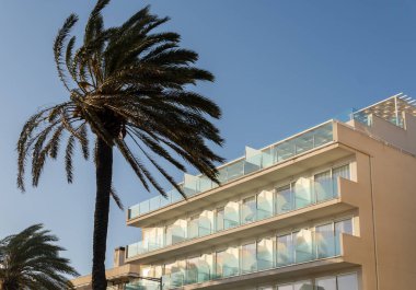 Facade of a modern resort with a very tall palm tree. Island of Mallorca, Spain