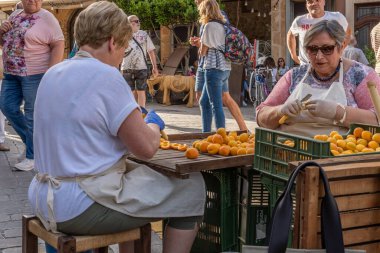 Porreres, İspanya; Haziran 04 2022: İspanya 'nın Porreres kentinde yıllık kayısı fuarı düzenlendi. Kadın işçiler tatlılara kayısı kesip hazırlıyorlar.